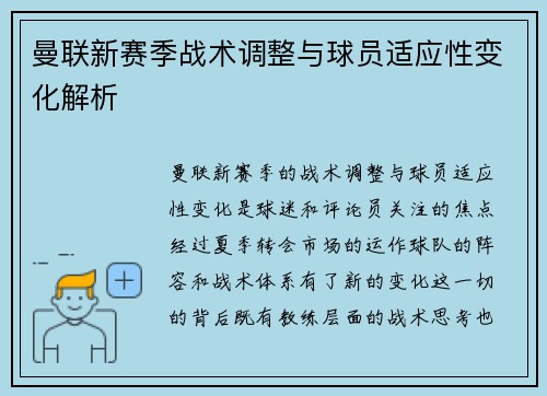 曼联新赛季战术调整与球员适应性变化解析